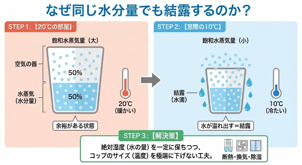 温度変化による「空気の器」と結露のメカニズム