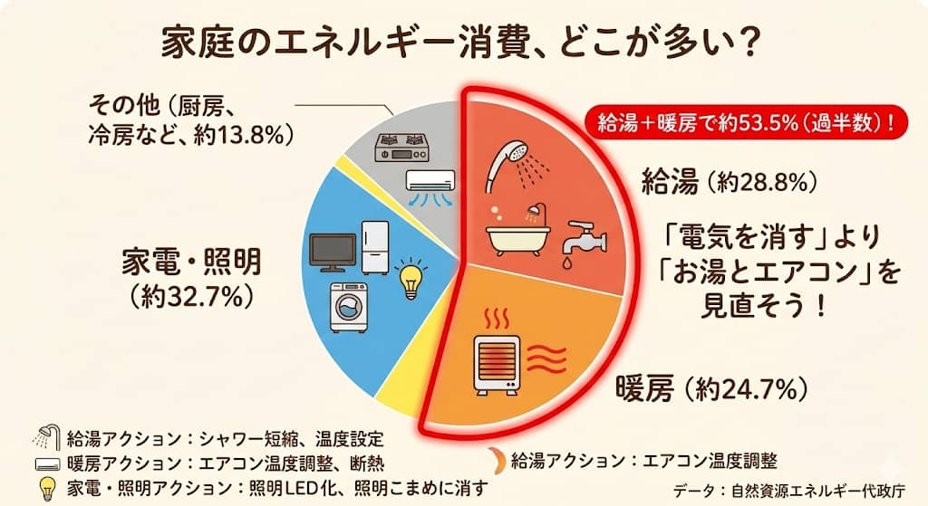 家庭のエネルギー消費割合（給湯・暖房・家電・照明）の円グラフ